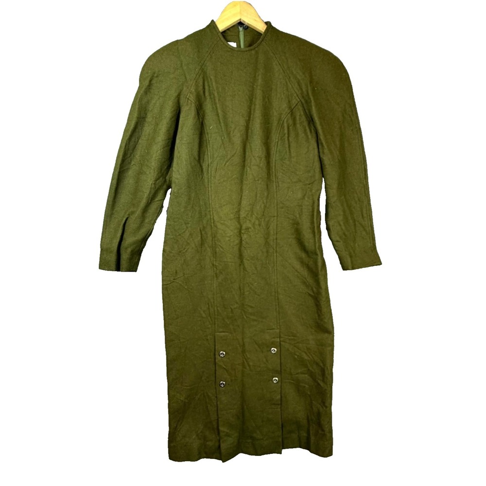 Vintage Crocodile Sheath Dress Womens Medium Olive Green‎ Wool Heavy Army Vibe